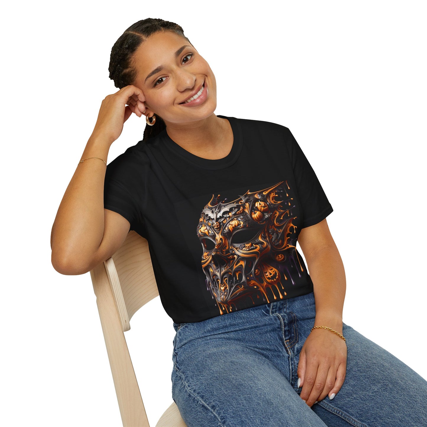 Halloween-Themed Unisex Softstyle T-Shirt, Spooky Graphic Tee, Fall Fashion, Pumpkin Skull Design, Perfect for Halloween Parties, Gift Idea
