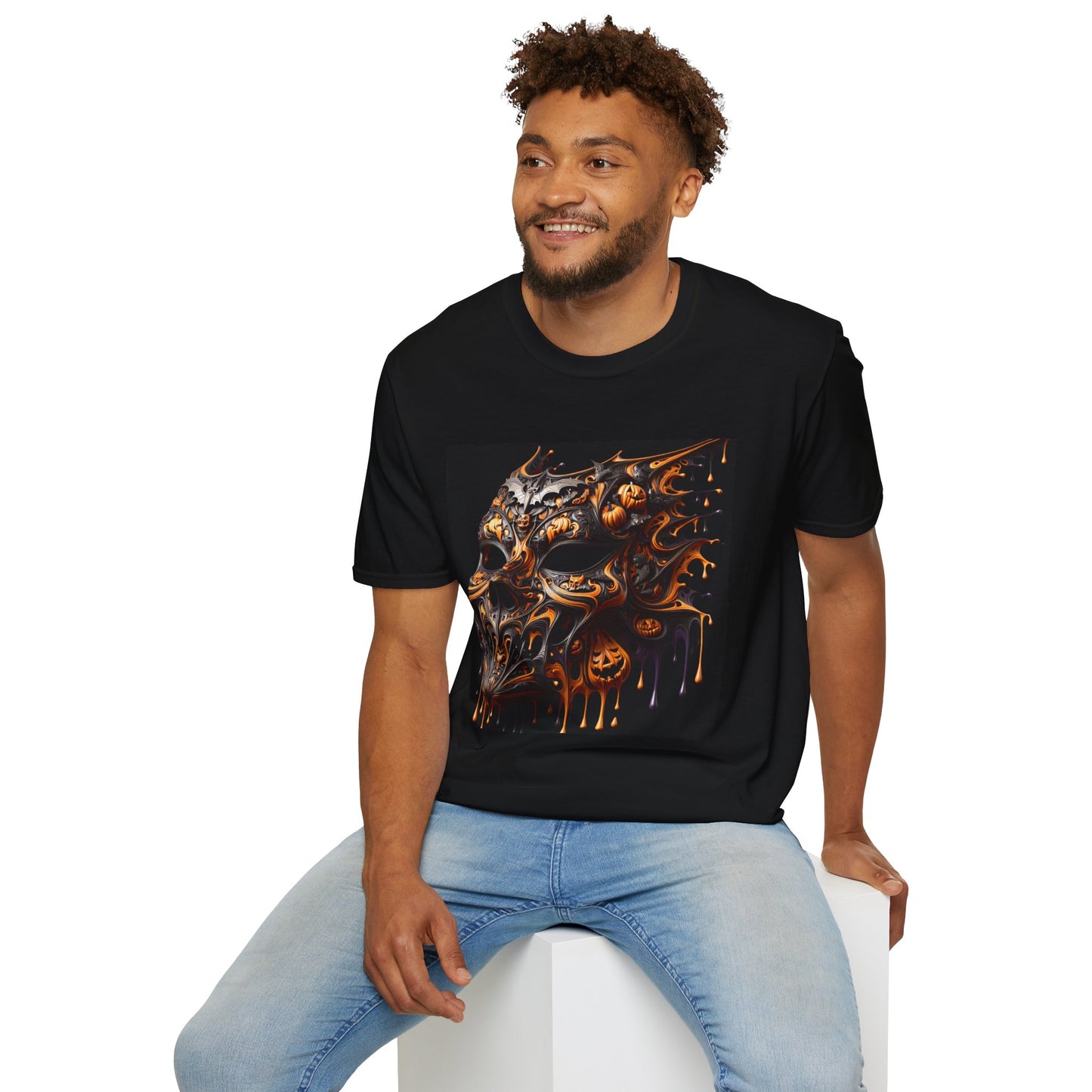 Halloween-Themed Unisex Softstyle T-Shirt, Spooky Graphic Tee, Fall Fashion, Pumpkin Skull Design, Perfect for Halloween Parties, Gift Idea