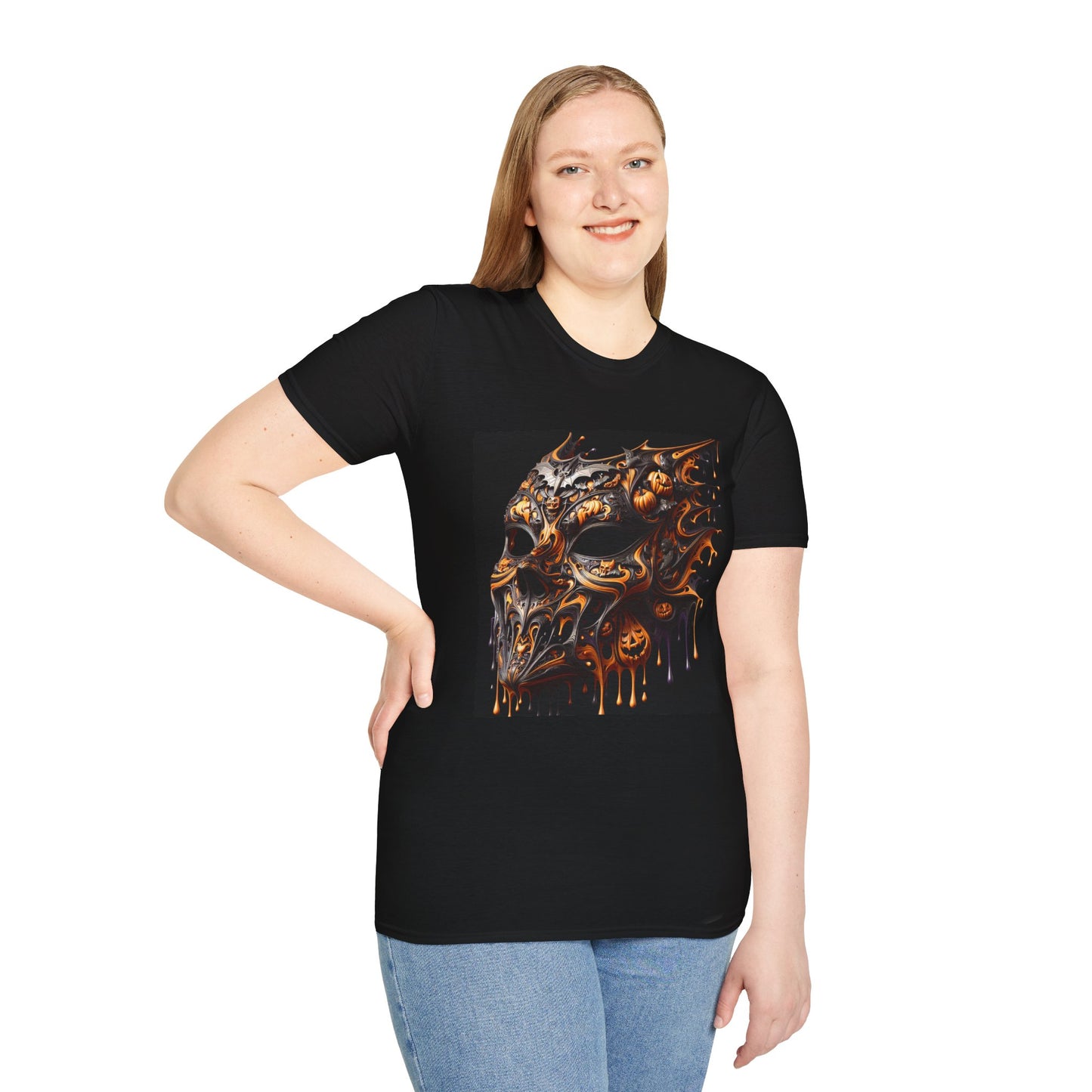 Halloween-Themed Unisex Softstyle T-Shirt, Spooky Graphic Tee, Fall Fashion, Pumpkin Skull Design, Perfect for Halloween Parties, Gift Idea