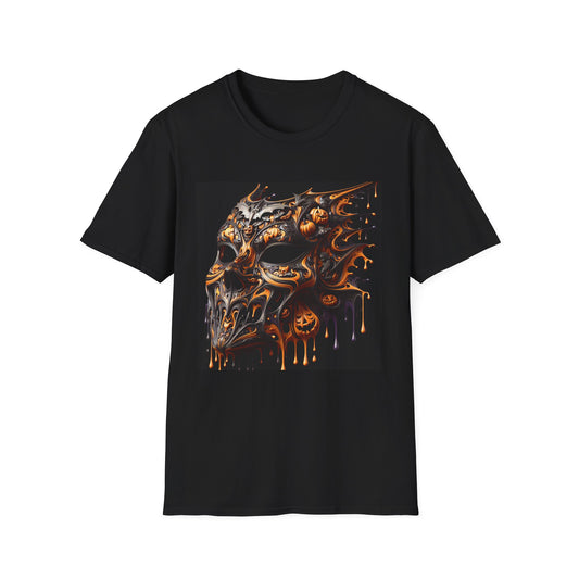 Halloween-Themed Unisex Softstyle T-Shirt, Spooky Graphic Tee, Fall Fashion, Pumpkin Skull Design, Perfect for Halloween Parties, Gift Idea