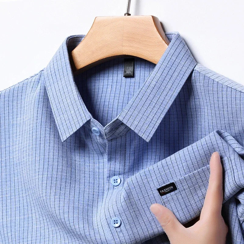  Men's Business Casual Plaid Short-Sleeved Cotton Linen Shirt