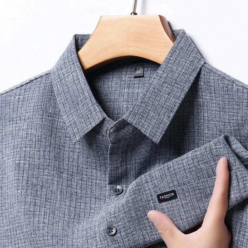  Men's Business Casual Plaid Short-Sleeved Cotton Linen Shirt