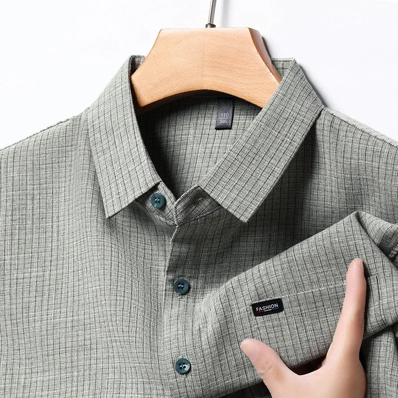  Men's Business Casual Plaid Short-Sleeved Cotton Linen Shirt